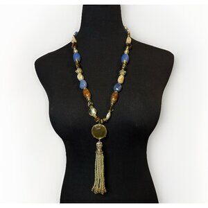 Chicos Blue Gold Tone Beaded Long Tassel Fringe Pendant Necklace